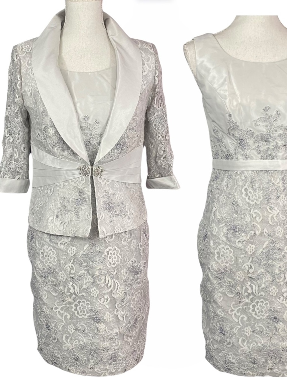 Floral Lace Jacket Dress Set 6 Silver Gray Formal Cocktail 2-pc Satin Metallic